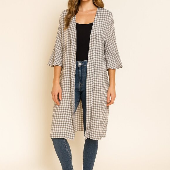 40 Winks Gray White Gingham Women's Kimono Cardigan Size S/P - Picture 1 of 13